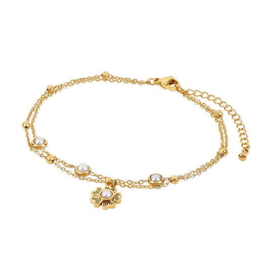 Double Pearl Floral Anklet - 18k Gold Plated